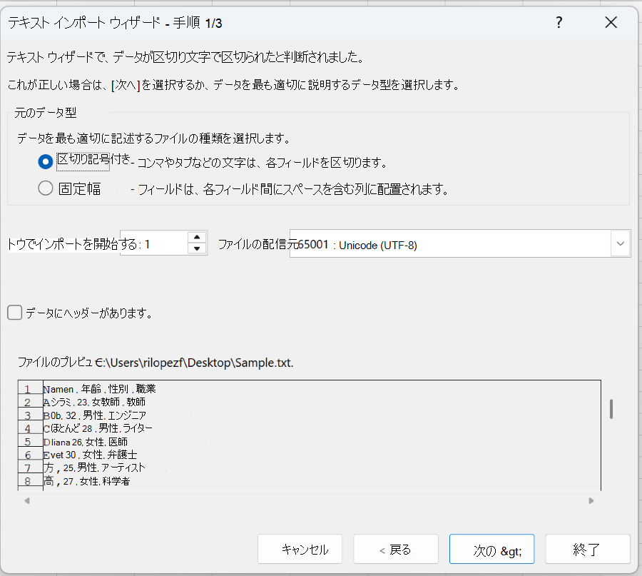テキスト インポート ウィザード