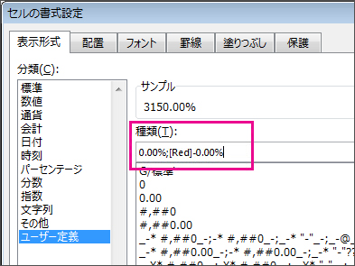 負のパーセンテージ値を赤色で表示するユーザー設定の書式