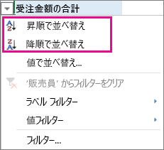 [昇順で並べ替え] オプションと [降順で並べ替え] オプション