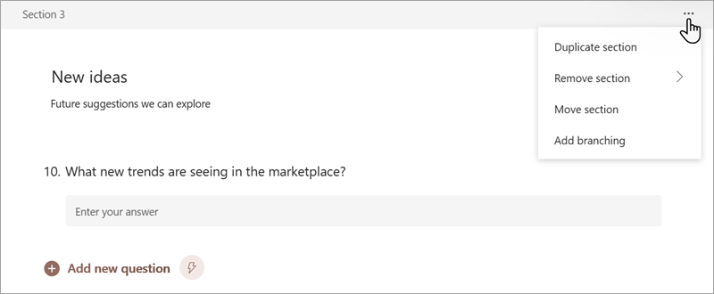 Microsoft Forms でフォームまたはテストのセクションを整理する方法を示すスクリーンショット。