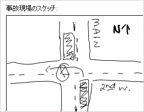 自動車事故現場の手描きスケッチ