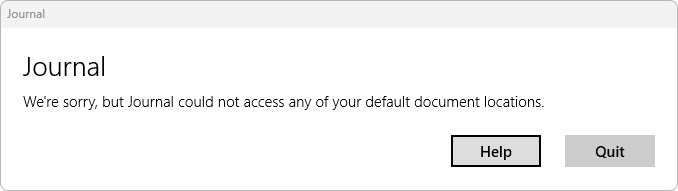 ジャーナルが既定の保存場所にアクセスできない場合に表示されるエラー メッセージの画面キャプチャ