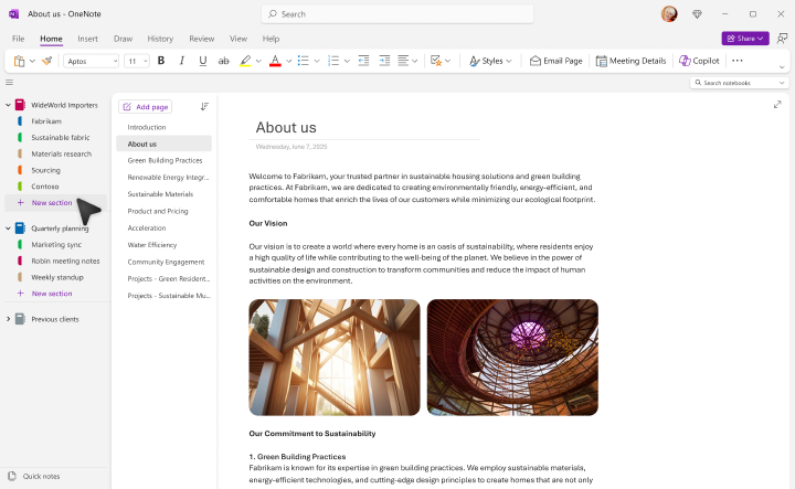 OneNote の [新しいセクション] 画面。