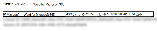 Word バージョン、ビルド、ビット バージョンを示すスクリーンショット。