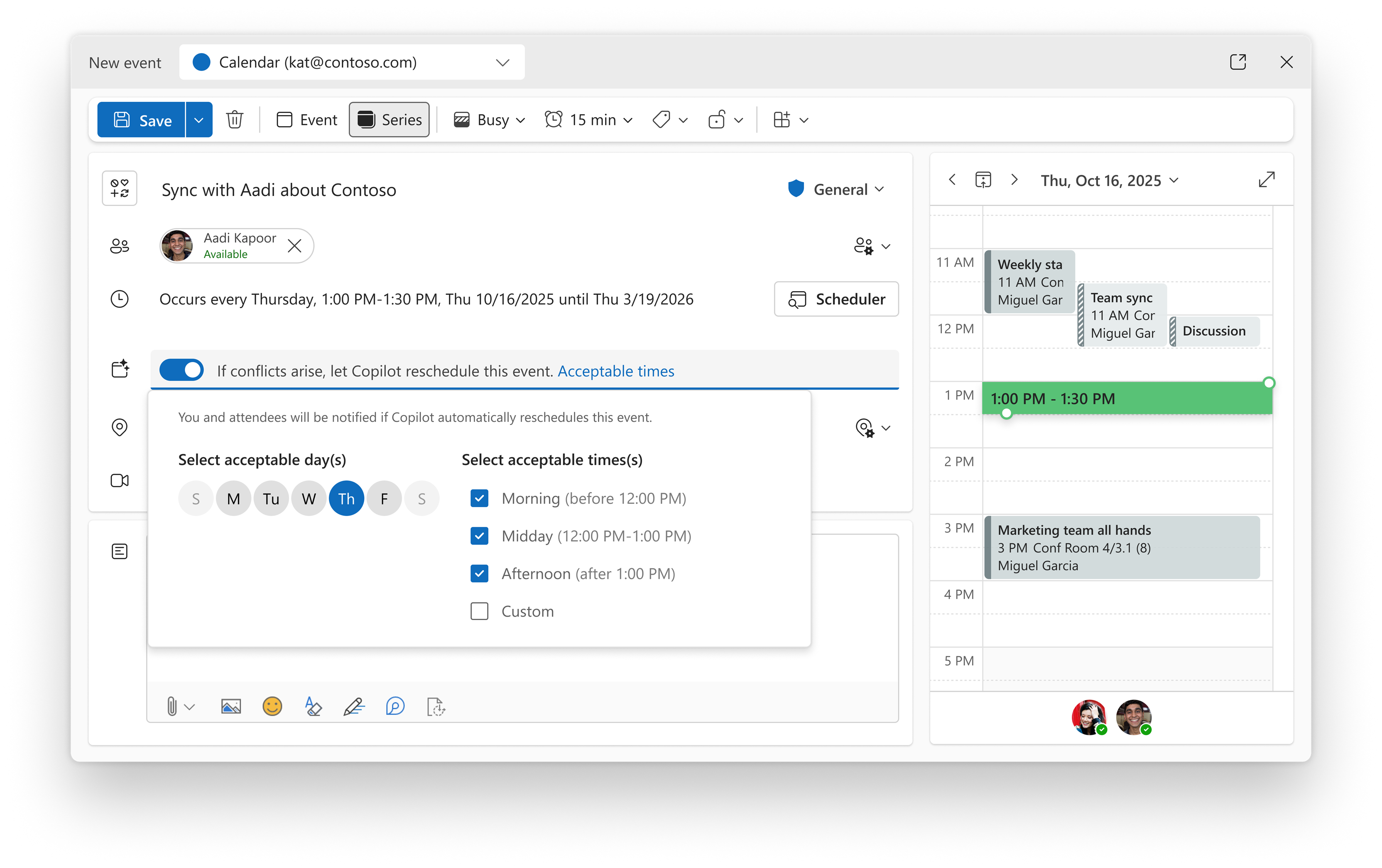 Copilot の自動再スケジュールが有効になっており、基本設定オプションが表示されている Calendar イベント フォーム。