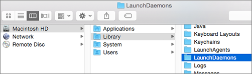 ライブラリ フォルダーを参照して、LaunchDaemons フォルダーを参照する