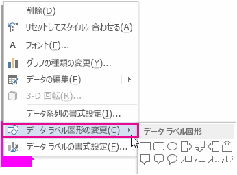 [データ ラベル図形の変更] メニューと [図形] ギャラリー