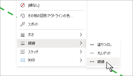 [図形] タブの [図形の枠線] で、実線を破線または点線に変更できます。