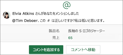 @メンション付きスプレッドシート、[コメントを追加する] ボタン、[コメントに移動する] ボタン
