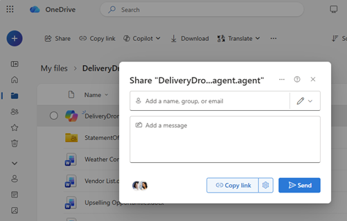 アクセス許可の設定や、エージェント ファイルのリンクの送信またはコピーのオプションを示す OneDrive 共有ダイアログ ボックス