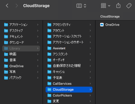 OneDrive の場所を示す macOS Finder のスクリーンショット