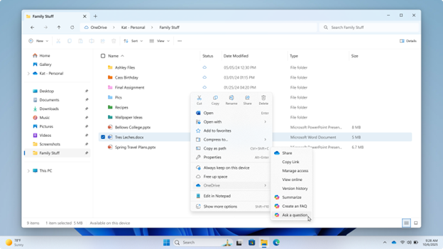 Copilot in Windows エクスプローラーの使用方法のパスを示すスクリーンショット