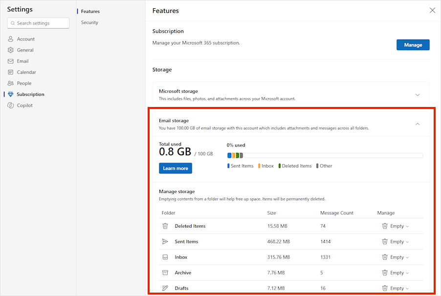 Outlook.com のストレージ メニュー。