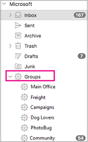 Outlook 2016 for Mac のフォルダー ウィンドウに一覧表示されたグループ