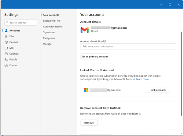Outlook アカウントの詳細画面
