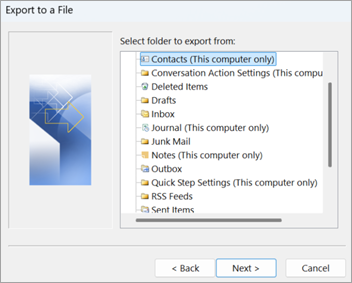 連絡先 (このコンピューターのみ) がエクスポート用に選択されている従来の Outlook のスクリーンショット