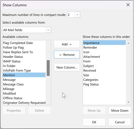 Outlook の列の設定を表示する