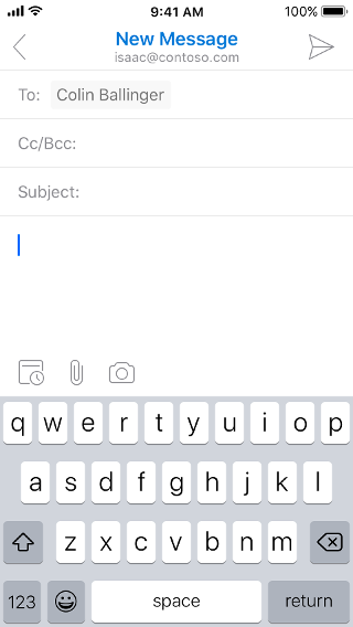 メールの下書きが表示された iOS 画面を表示します。下書きの下には、Calendar、添付ファイル、カメラの 3 つのボタンがあります。