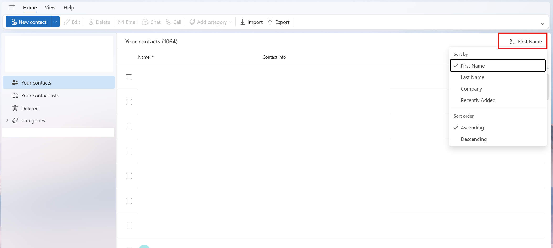 連絡先を並べ替えるオプションを示す新しい Outlook のスクリーンショット