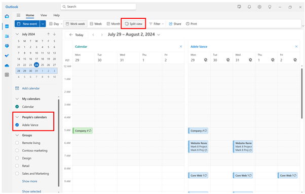 2 つの予定表を並べて表示する Outlook 分割ビューを示すスクリーンショット。