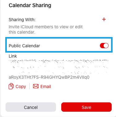 iCloud カレンダー Web サイトの [パブリック カレンダー] トグル ボタンのウィンドウを表示します。