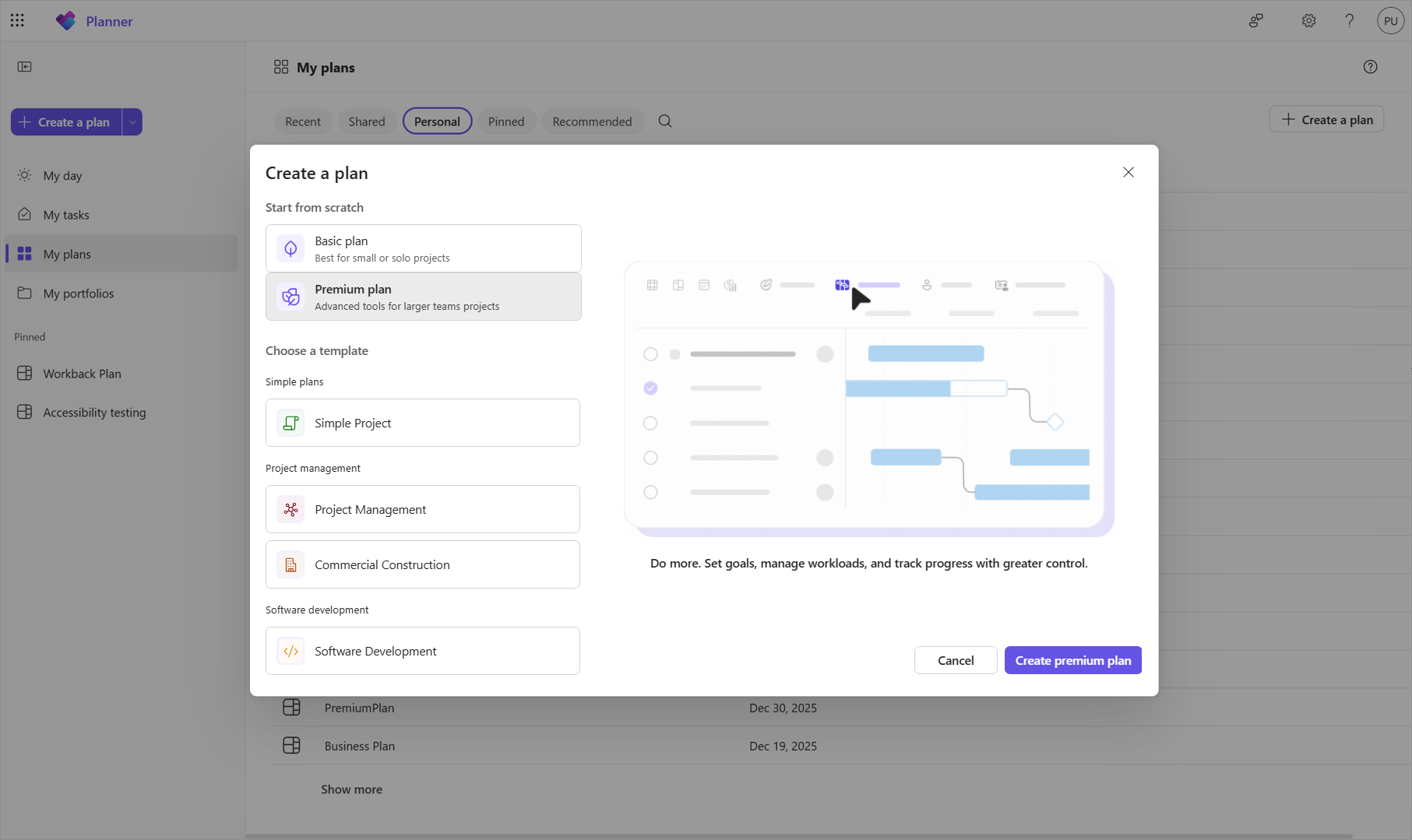 Planner for the web のスクリーンショットは、[プランの作成] ウィンドウが開き、[プレミアム プラン] オプションが選択された [マイ プラン] ビューを示しています。