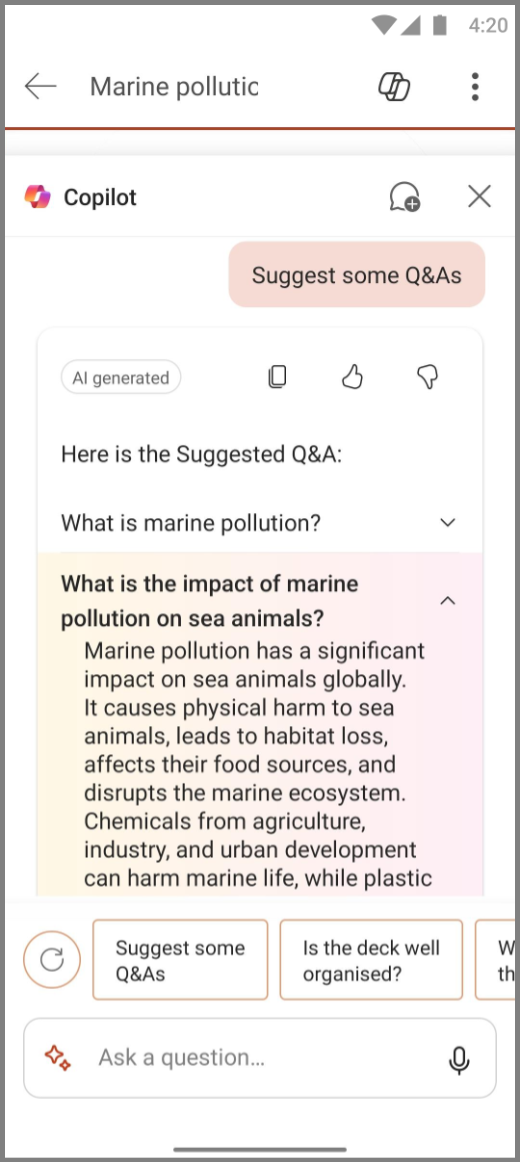 Android 上の PowerPoint の Copilot のスクリーンショット。[いくつかの Q&を提案する] プロンプトの結果