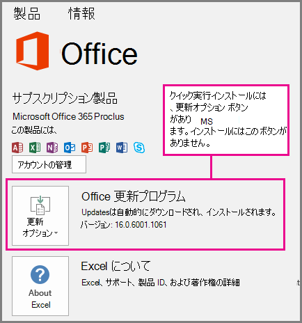 クイック実行インストールには、[アカウント] ページに [更新オプション] ボタンがあります。MSI ベースのインストールには、このボタンはありません。