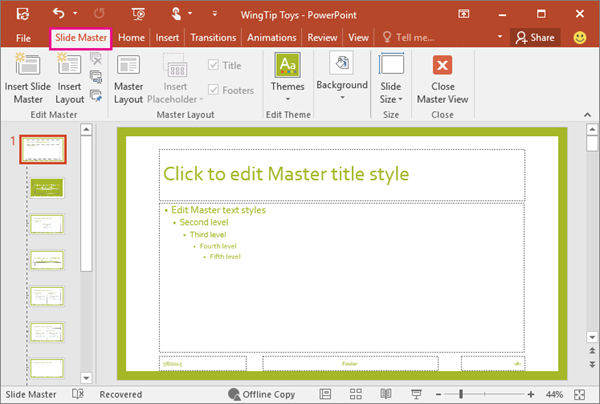 PowerPoint スライド マスター表示でスライドのレイアウトを表示する