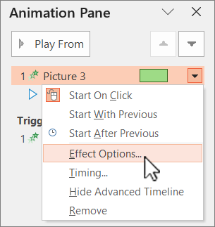 PowerPoint の [アニメーション] ウィンドウの右クリック メニューの、[効果] のオプション。