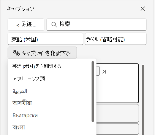 [キャプション] ウィンドウの [キャプションの翻訳] ドロップダウン。