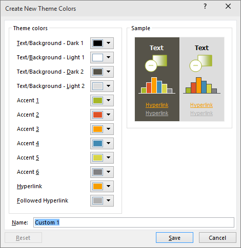 PowerPoint の [カスタム テーマの色] ダイアログが表示されます