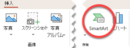 PowerPointの [挿入] タブの [SmartArt] ボタン。