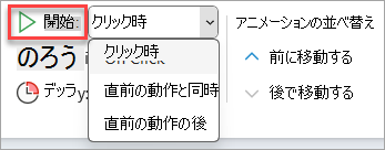 [アニメーション タイミング] の [開始] ドロップダウン セレクター。