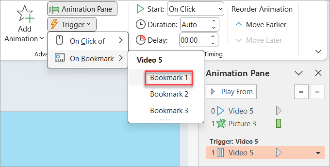 アニメーションのトリガーを設定する場所。この場合、ビデオのブックマークに到達したとき。