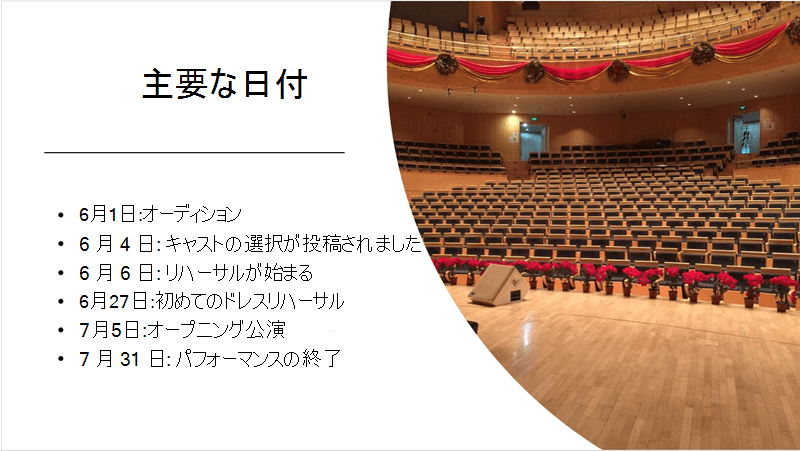 Design Ideas で配置され、レイアウトされたテキストのタイムラインと写真を含むサンプル スライド。
