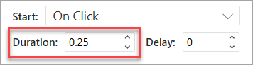 PowerPoint on the webでアニメーションを適用するときの [期間] フィールド。