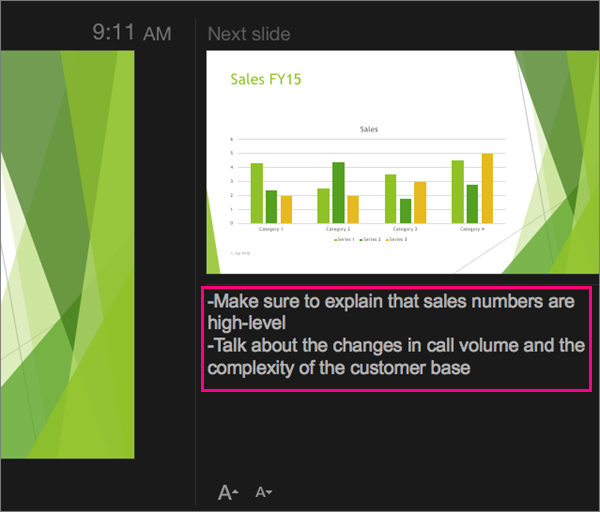 PowerPoint 2016 for Mac の発表者ツールのノートを示す