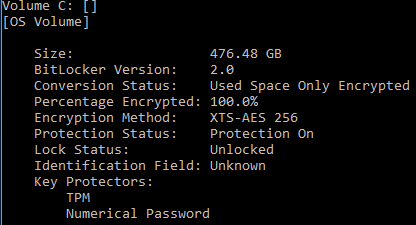 図 1 TPM 保護機能と RecoveryPassword 保護機能の両方によって保護されるオペレーティング システム ボリュームの出力例