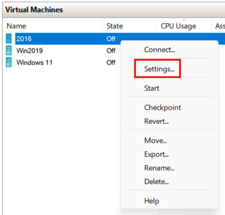 Hyper-V 管理コンソールのVirtual Machines ウィンドウのスクリーンショット。仮想マシン (VM) が選択され、コンテキスト メニューが表示され、[設定] オプションが強調表示されています。