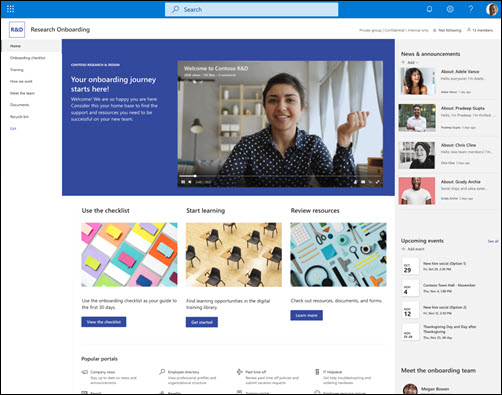 従業員オンボード チーム SharePoint サイト テンプレートのプレビュー。