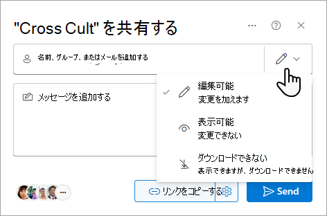 共有ファイルのオプションを示す [共有] ダイアログ ボックス。