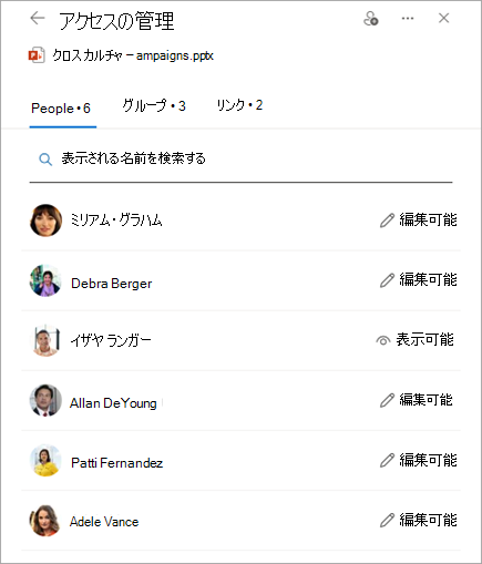 共有ファイルのアクセス許可を示す [アクセスの管理] パネル。