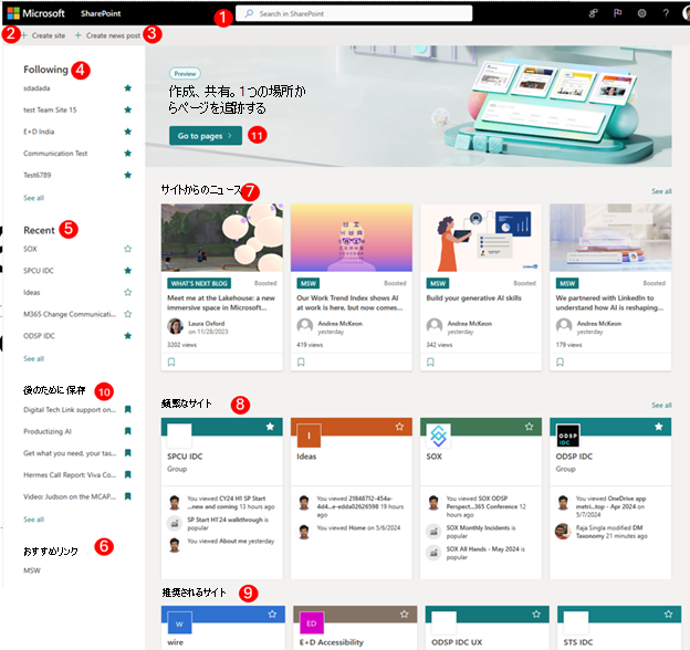 新しい SharePoint スタート ページのスクリーンショット
