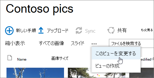 [このビューの変更] が選択された画像ライブラリ ビュー バー
