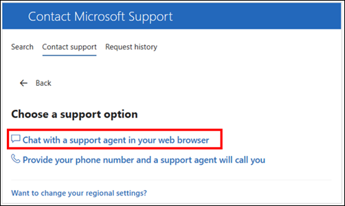 Chat with Microsoft support window