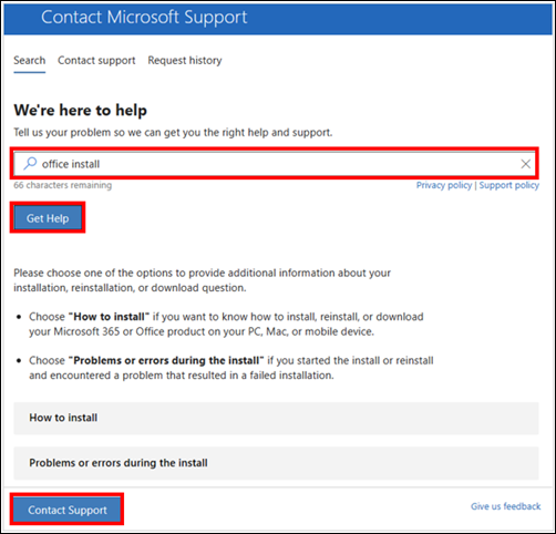 Contact Microsoft Support intro screen