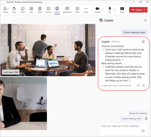 一部の参加者が話者認識を設定していない Microsoft Teams Room 会議の AI ノートを示すスクリーンショット。