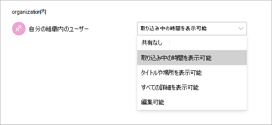 Teams で予定表を共有するときのさまざまなアクセス許可を示すスクリーンショット。