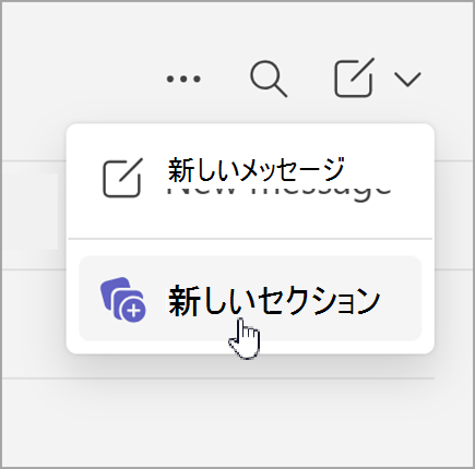 個別のビュー チャットで新しいアイテムを選択すると表示される [新しいメッセージと新しいセクション] オプションのスクリーンショット。